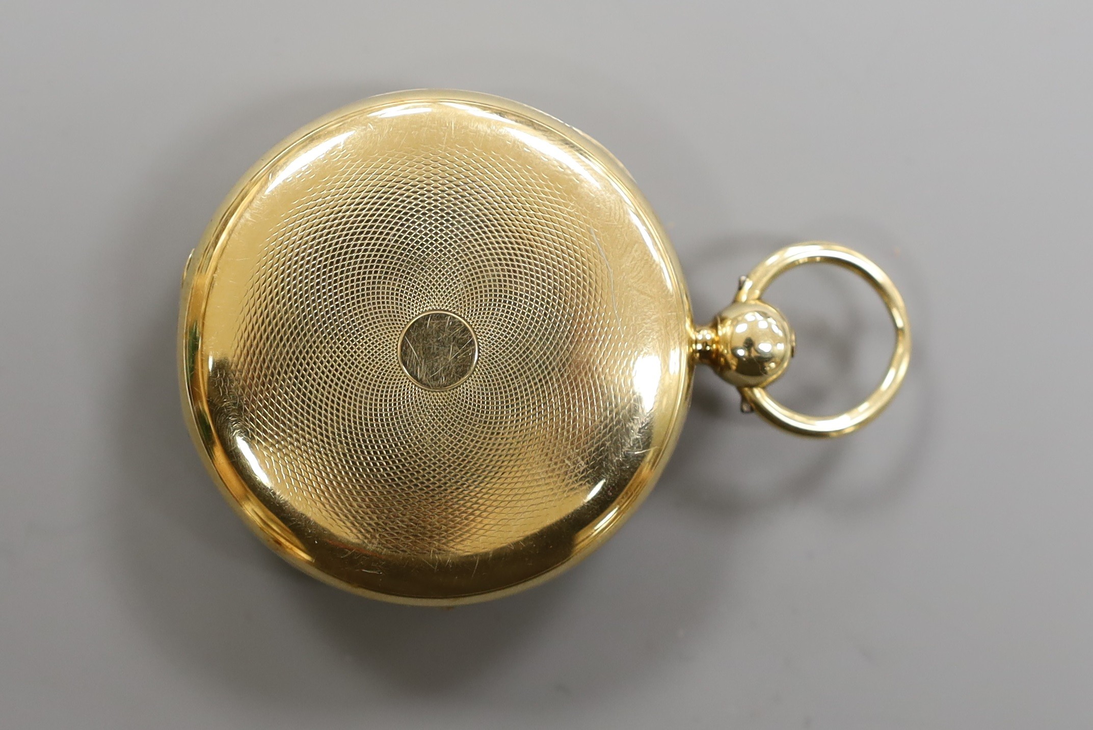 An 18ct gold open faced keywind pocket watch, by K.H. Jones, Liverpool, with Roman dial and subsidiary seconds, case diameter 46mm